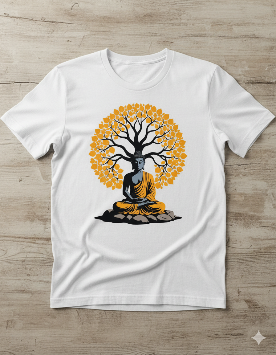 Unisex Round Neck T-Shirt - Serene Buddha & Bodhi Tree Design - Heavy duty