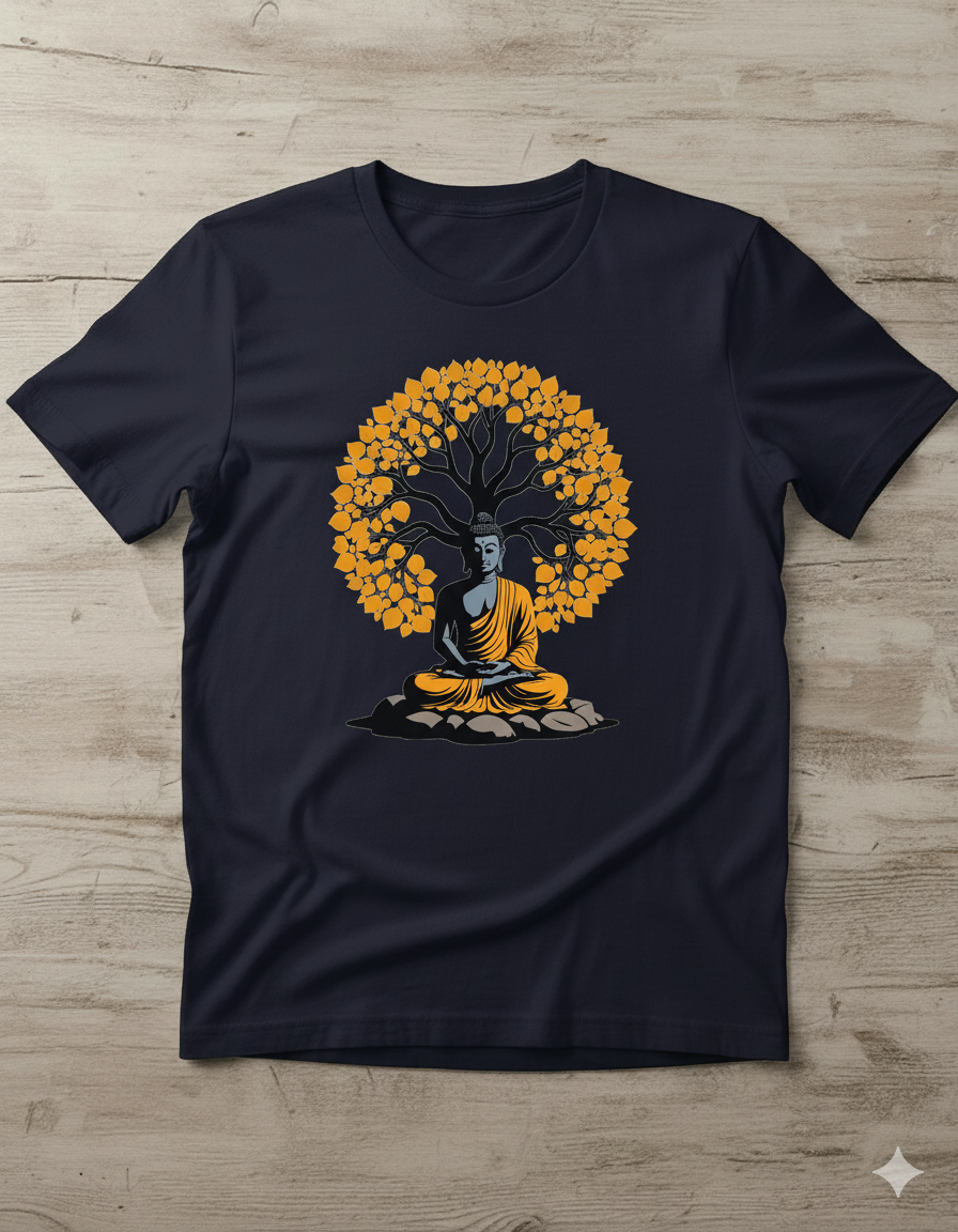 Unisex Round Neck T-Shirt - Serene Buddha & Bodhi Tree Design