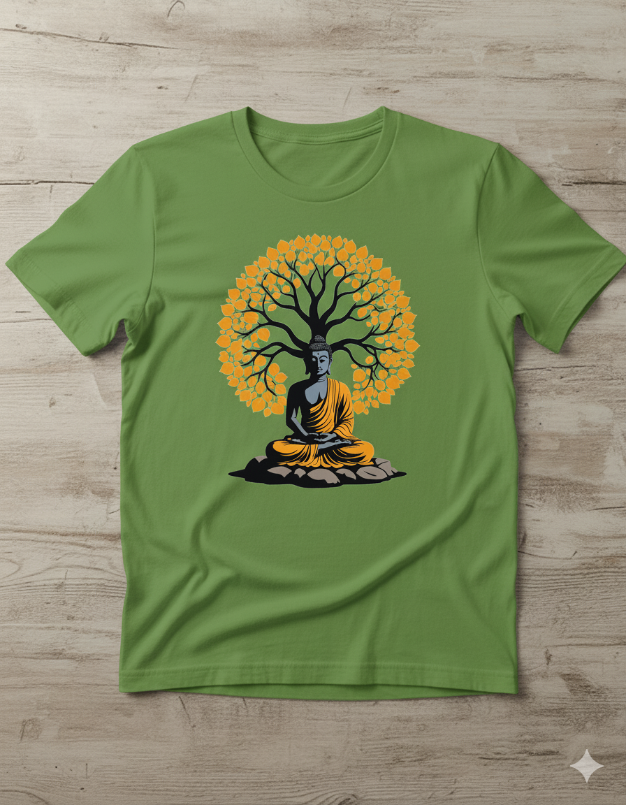 Unisex Round Neck T-Shirt - Serene Buddha & Bodhi Tree Design