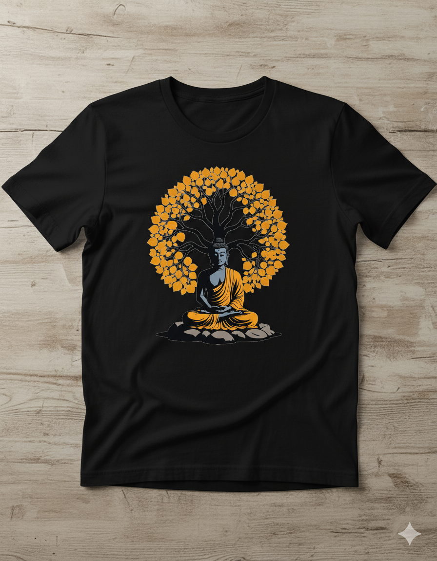 Unisex Round Neck T-Shirt - Serene Buddha & Bodhi Tree Design - Heavy duty
