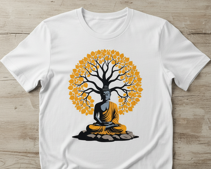 Unisex Round Neck T-Shirt - Serene Buddha & Bodhi Tree Design