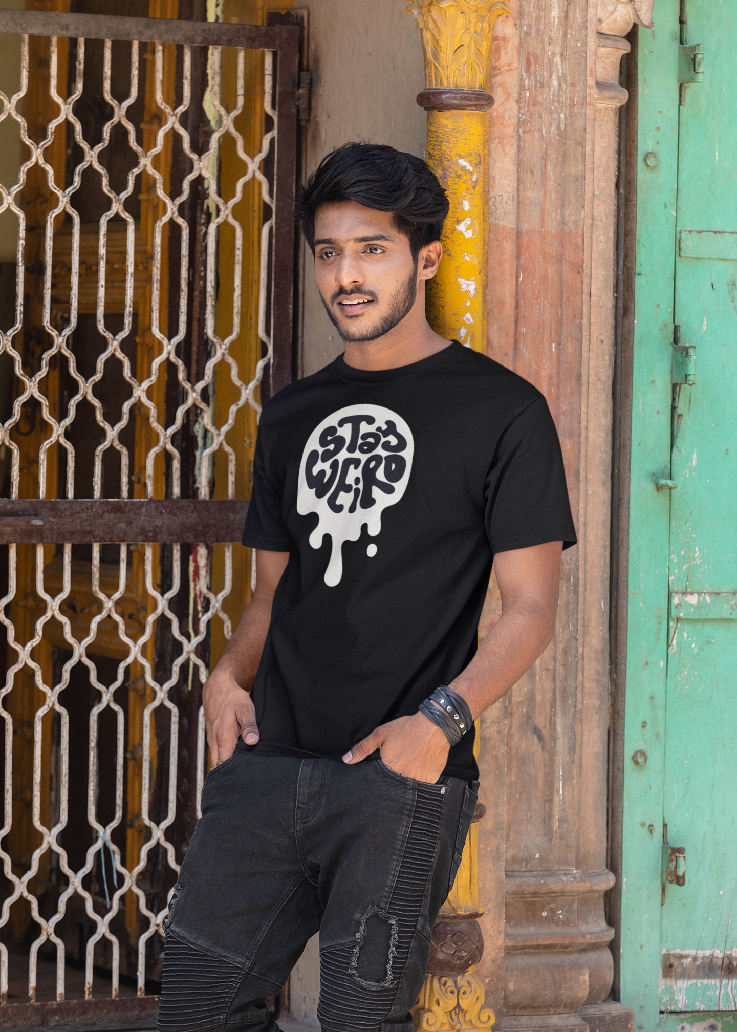 🖤 STAY WEIRD Unisex Drip T-Shirt – 100% Cotton (180 GSM)